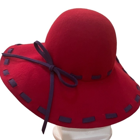 Cheveux Red & Purple 100% Wool Wide Brim Floppy Hat 15” - Picture 4 of 9